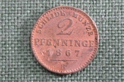 Монета 2 пфеннига, Пруссия 1867 года, Вильгельм I Монета 2 пфеннига, Пруссия 1867 года, Вильгельм I