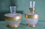 Парфюмерный флакон и пудреница. Чехословакия, 1970-е годы. Стекло, травление, позолота. Парфюмерный флакон и пудреница. Чехословакия, 1970-е годы. Стекло, травление, позолота.