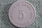 Монета 5 пфеннигов, пфеннингов 1889 года, Германская Империя. Pfennig, Deutsches Reich. Монета 5 пфеннигов, пфеннингов 1889 года, Германская Империя. Pfennig, Deutsches Reich.