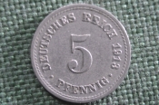 Монета 5 пфеннигов, пфеннингов 1913 года, Германская Империя. Pfennig, Deutsches Reich. Монета 5 пфеннигов, пфеннингов 1913 года, Германская Империя. Pfennig, Deutsches Reich.
