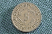Монета 5 рентенпфеннигов 1924 года. Веймарская Республика. Веймар. Германия. Монета 5 рентенпфеннигов 1924 года. Веймарская Республика. Веймар. Германия.