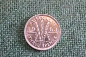 Монета 3 пенса 1963 год. Three pence. Колосья. Серебро. Елизавета II, Австралия. Монета 3 пенса 1963 год. Three pence. Колосья. Серебро. Елизавета II, Австралия.
