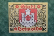 Нотгельд, бона 10 пфеннигов 1920 год. Город Detmold, Детмольд. Веймар, Германия. Нотгельд, бона 10 пфеннигов 1920 год. Город Detmold, Детмольд. Веймар, Германия.