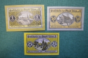 Нотгельд, бона 25, 50 пфеннигов, 1 марка 1918 год (3 шт.). Город Ulm, Ульм. Виды города. Германия. Нотгельд, бона 25, 50 пфеннигов, 1 марка 1918 год (3 шт.). Город Ulm, Ульм. Виды города. Германия.