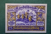 Нотгельд, бона 25 пфеннигов 1920 год. Город Rindelbruck, Риденбрук. Дети на палках. Веймар, Германия Нотгельд, бона 25 пфеннигов 1920 год. Город Rindelbruck, Риденбрук. Дети на палках. Веймар, Германия