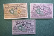 Нотгельд, бона 10, 25, 50 пфеннигов 1920 год (3 шт.). Город Masuren, Масурен. Польша, Германия. Нотгельд, бона 10, 25, 50 пфеннигов 1920 год (3 шт.). Город Masuren, Масурен. Польша, Германия.