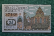 Нотгельд, бона 25 пфеннигов 1920 год, город Norden, Норден. Вид города, святой. Германия. Нотгельд, бона 25 пфеннигов 1920 год, город Norden, Норден. Вид города, святой. Германия.