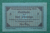 Банкнота 5 пфеннигов 1917 года. Германия, Klostergutsverwaltung - Управление монастырскими храмами. Банкнота 5 пфеннигов 1917 года. Германия, Klostergutsverwaltung - Управление монастырскими храмами.